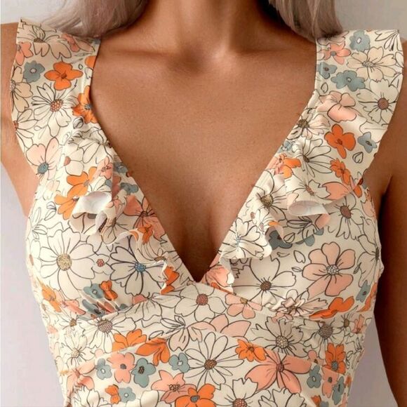 💲1️⃣0️⃣ Bundled ✔️ BCream Ruffled One Piece Floral Swimsuit Plunge sz Large - Picture 5 of 7